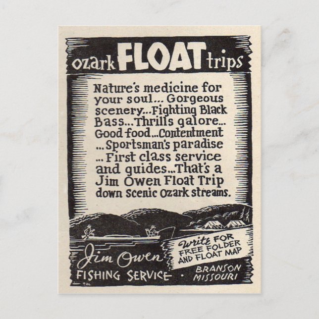 Jim Owen Float Trip Branson Missouri Postcard (Front)
