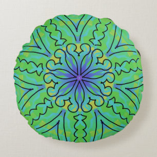 Jimette Round Cushion Green and Black Mandala Desi