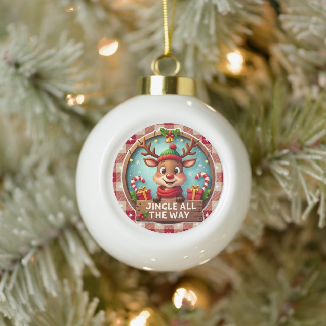 Jingle All The Way Cheerful Reindeer Christmas  Ceramic Ball Christmas Ornament (Tree)