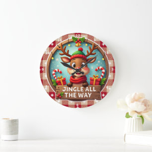 Jingle All The Way Cheerful Reindeer Christmas  Large Clock