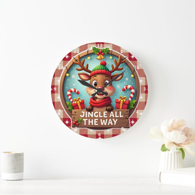 Jingle All The Way Cheerful Reindeer Christmas  Large Clock (Home)