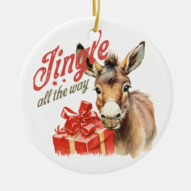Jingle All the Way Donkey Christmas Ceramic Ornament (Front)