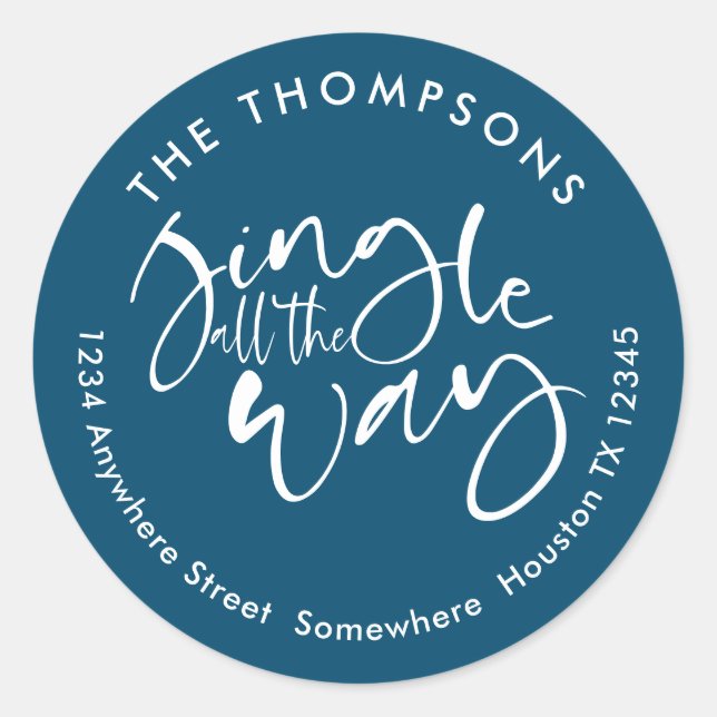 Jingle All The Way Name Address White Turquoise Classic Round Sticker (Front)