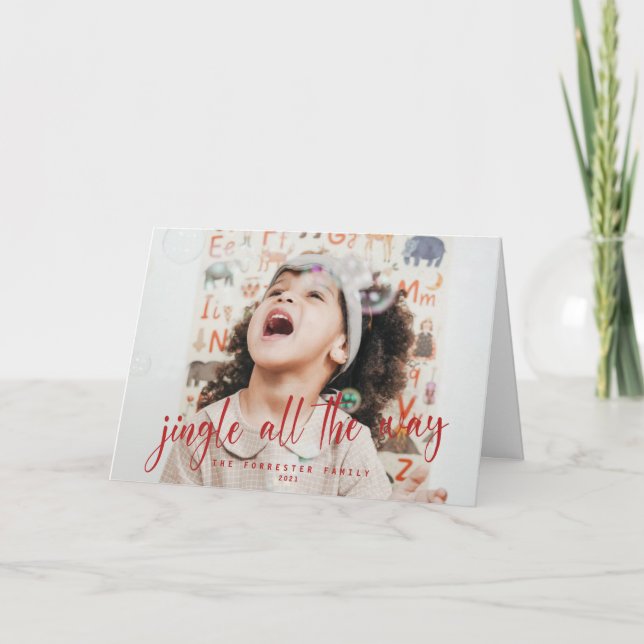 Jingle All The Way Red Script 2 Photo Holiday Card (Front)