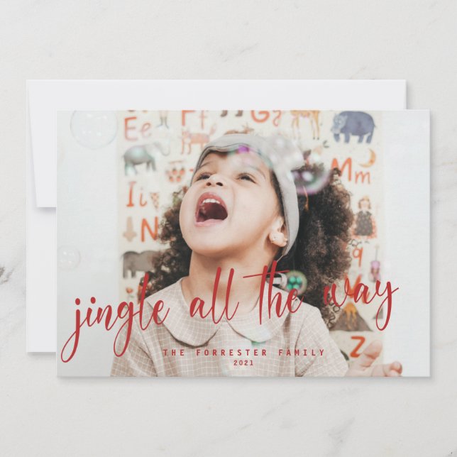 Jingle All The Way Red Script Photo Holiday Card (Front)