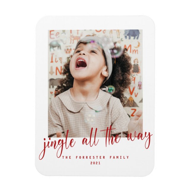 Jingle All The Way Red Script Photo Holiday Card Magnet (Vertical)
