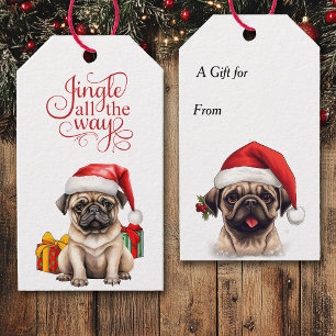 Jingle All the Way Santa Hat Pug Dog Gift Tags