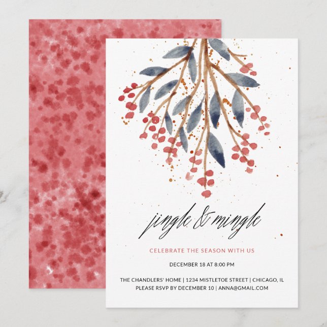 Jingle and Mingle Christmas Greenery and Red Berry Invitation (Front/Back)