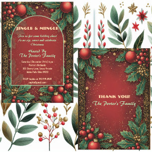 Jingle and Mingle Christmas Holly Motifs Red Berry Invitation