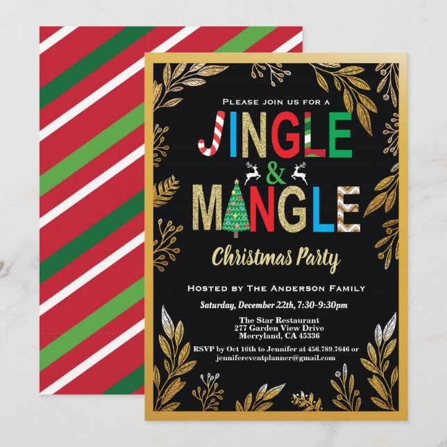Jingle and Mingle Christmas Party black and gold Invitation (Front/Back)
