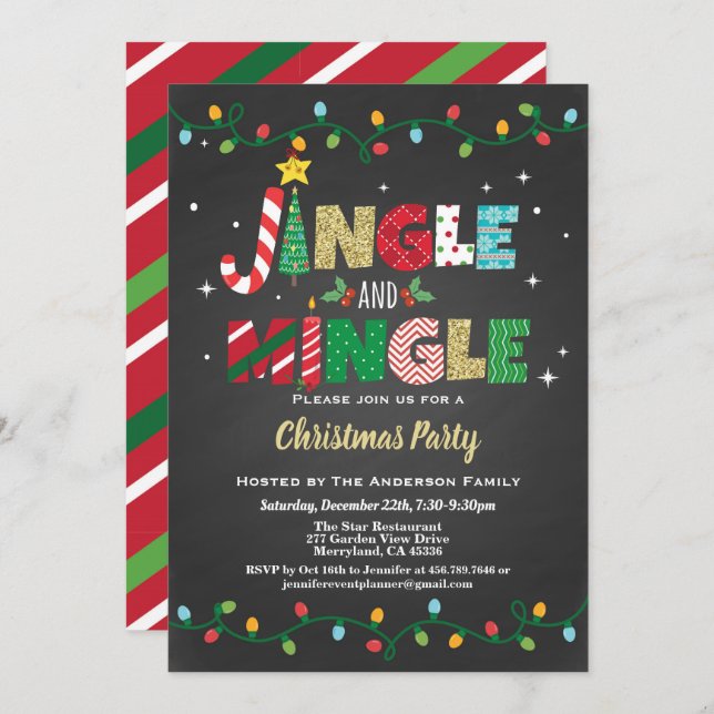 Jingle and Mingle Christmas Party black and gold Invitation (Front/Back)