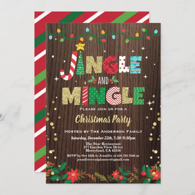 Jingle and Mingle Christmas Party rustic wood gold Invitation (Front/Back)
