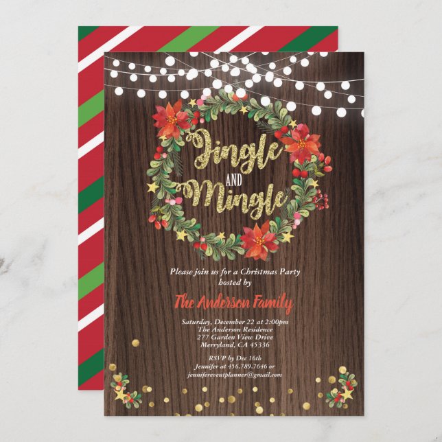 Jingle and Mingle Christmas party wreath rustic Invitation (Front/Back)