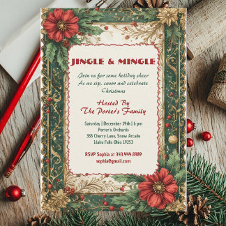 Jingle and Mingle Christmas Red Green Vintage Gold Invitation