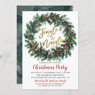 Jingle and Mingle Holly Berries Christmas Party Invitation