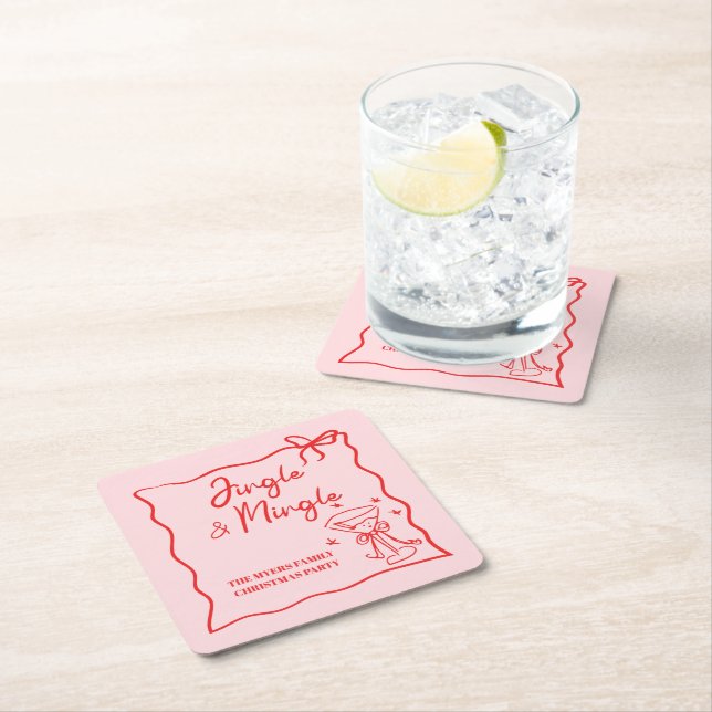 Jingle and Mingle Pink Red ribbon Square Paper Coaster (Insitu)
