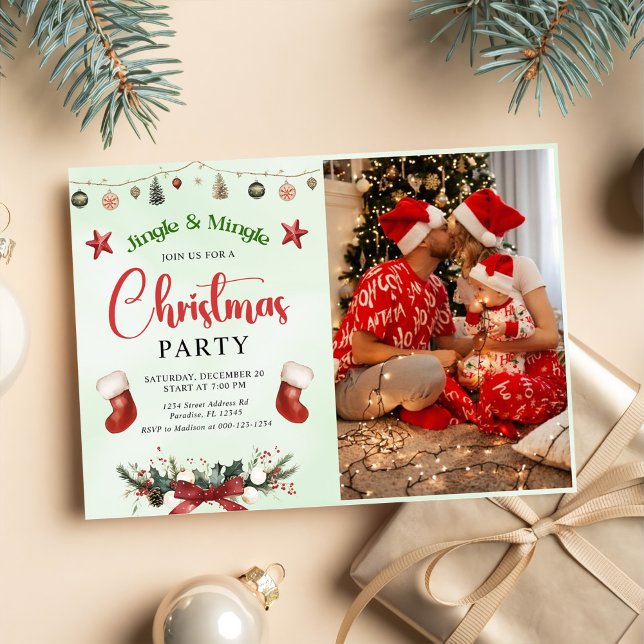 Jingle And Mingle Stocking Christmas Party Photo Invitation (Creator Uploaded)