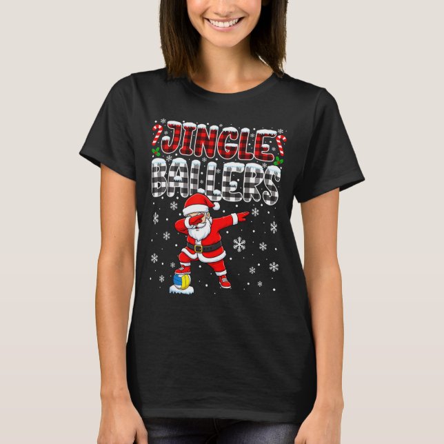 Jingle Ballers Plaid Santa Dabbing Volleyball Chri T-Shirt (Front)