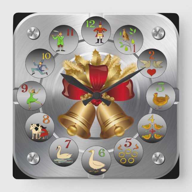 Jingle Balls ~ The 12 Days Of Christmas ~ Square Wall Clock (Front)