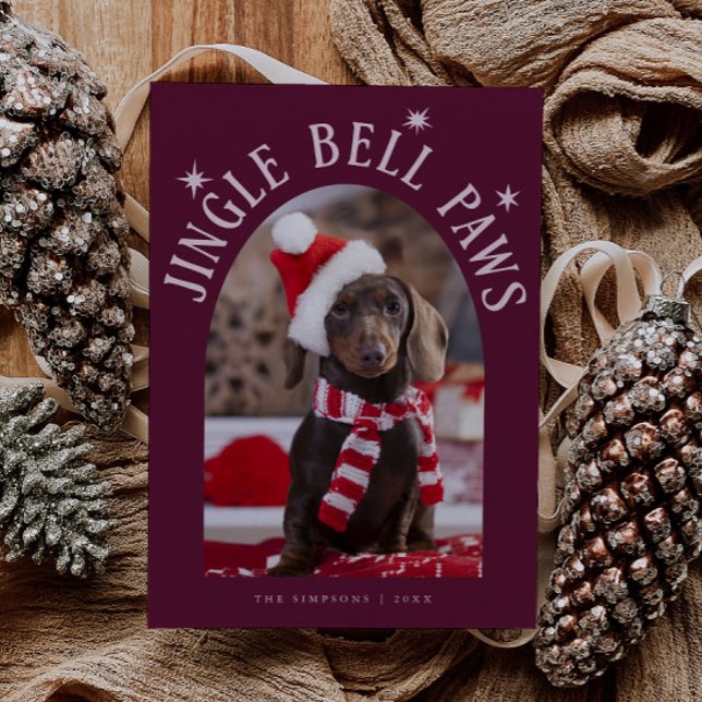 Jingle Bell Paws Dog Photo Cranberry Christmas Holiday Card (Creator Uploaded)