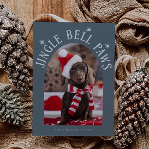 Jingle Bell Paws Dog Photo Slate Blue Christmas Holiday Card