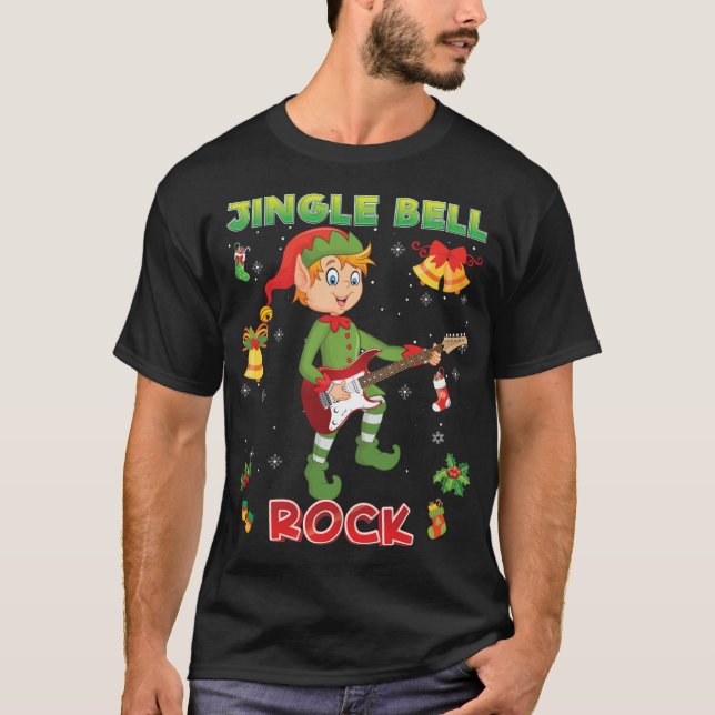 Jingle Bell Rock Rockin' Christmas Elf Playing Gui T-Shirt (Front)
