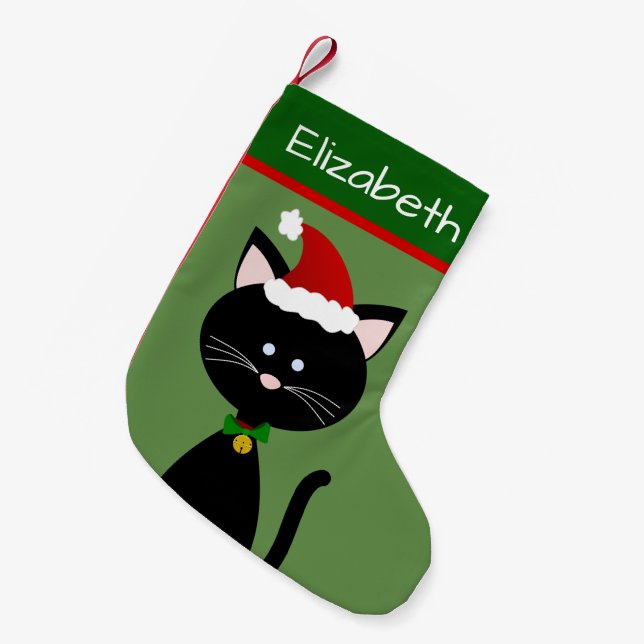 Jingle Bell Santa Black Kitty Small Christmas Stocking (Front (Hanging))