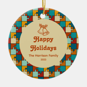 Jingle Bell Vintage Puzzle Happy Holidays Family  Ceramic Ornament
