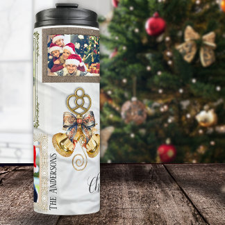 Jingle Bells 5 Photo Collage Gold White Eclectic Thermal Tumbler