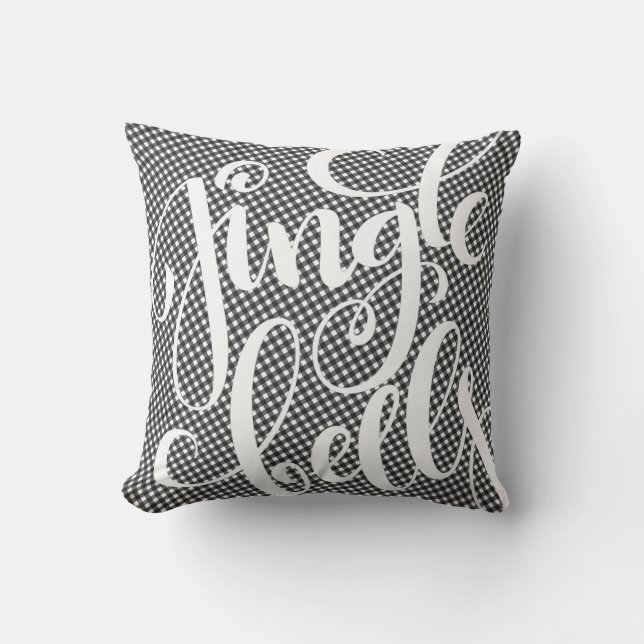 Jingle Bells Black White Buffalo Plaid Tartan Xmas Cushion (Front)