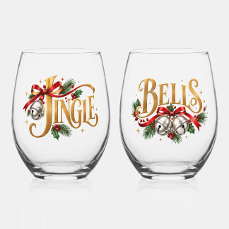 Jingle Bells Gold Christmas Typography Pair Stemless Wine Glass