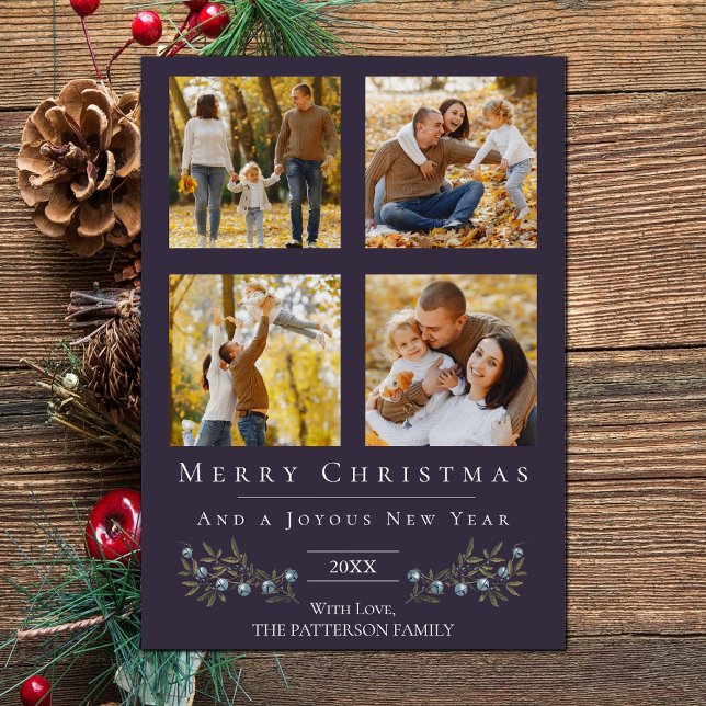 Jingle Bells Photo Collage Christmas | Purple Holiday Card (Purple Jingle Bells Four Photo Christmas Holiday Card)