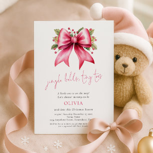 Jingle Bells Tiny Toes Pink Bow Xmas Baby Shower Invitation