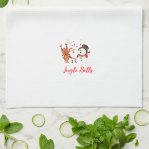 Jingle Bells with Santa, Snowman and Reindeer on a Tea Towel