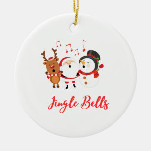 Jingle Bells with Snowman, Santa and Reindeer on a Ceramic Ornament