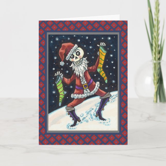 JINGLE BONES SANTA, CHRISTMAS SKELETON & STOCKINGS HOLIDAY CARD (Front)