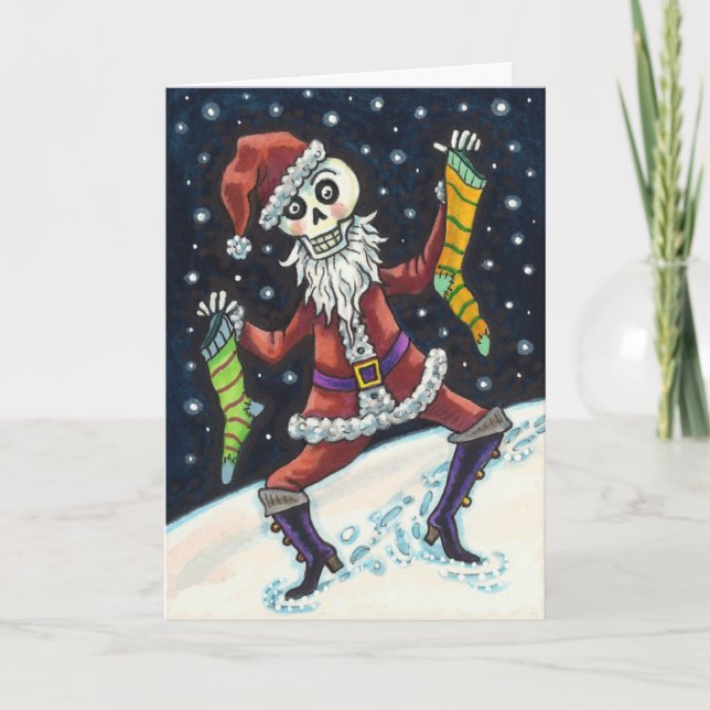 JINGLE BONES SANTA, CHRISTMAS SKELETON & STOCKINGS HOLIDAY CARD (Front)