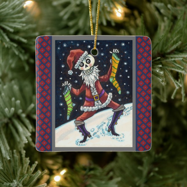 JINGLE BONES SANTA, HOLIDAY SKELETON & STOCKINGS CERAMIC ORNAMENT (Tree)