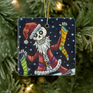JINGLE BONES SANTA, HOLIDAY SKELETON & STOCKINGS CERAMIC ORNAMENT