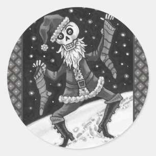 JINGLE BONES SANTA, HOLIDAY SKELETON & STOCKINGS CLASSIC ROUND STICKER