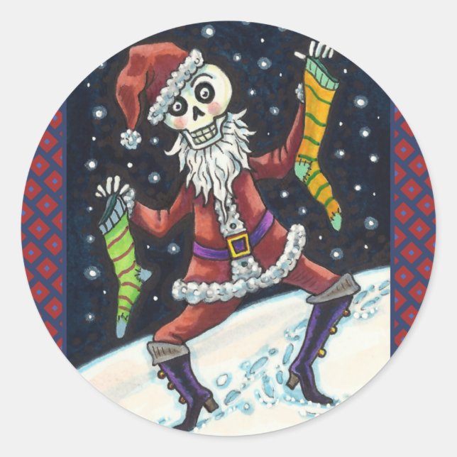 JINGLE BONES SANTA, HOLIDAY SKELETON & STOCKINGS CLASSIC ROUND STICKER (Front)