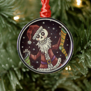 JINGLE BONES SANTA, HOLIDAY SKELETON & STOCKINGS METAL ORNAMENT