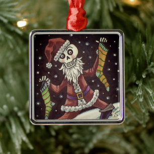 JINGLE BONES SANTA, HOLIDAY SKELETON & STOCKINGS METAL ORNAMENT