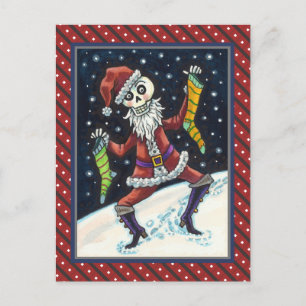 JINGLE BONES SANTA, HOLIDAY SKELETON & STOCKINGS POSTCARD
