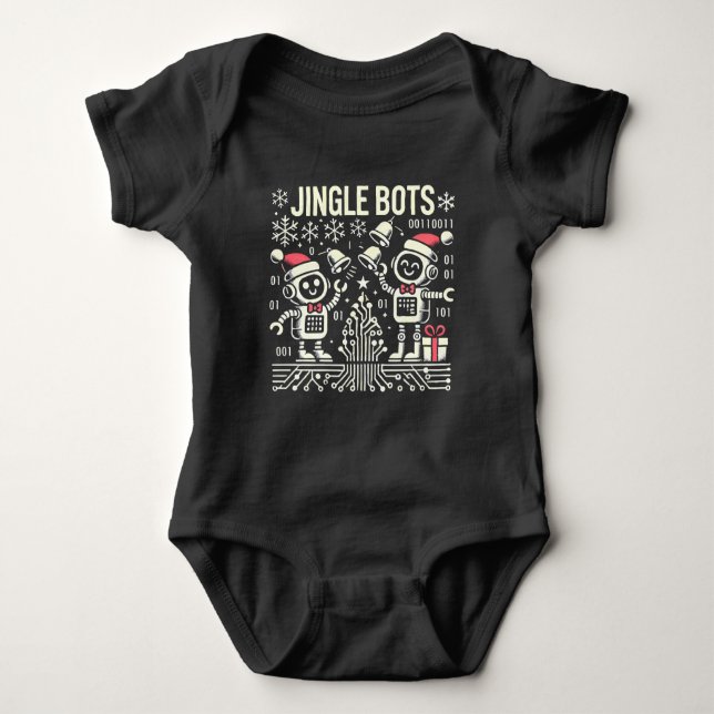 Jingle Bots Festive Holiday Robots with Santa Hats Baby Bodysuit (Front)