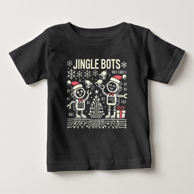 Jingle Bots Festive Holiday Robots with Santa Hats Baby T-Shirt (Front)
