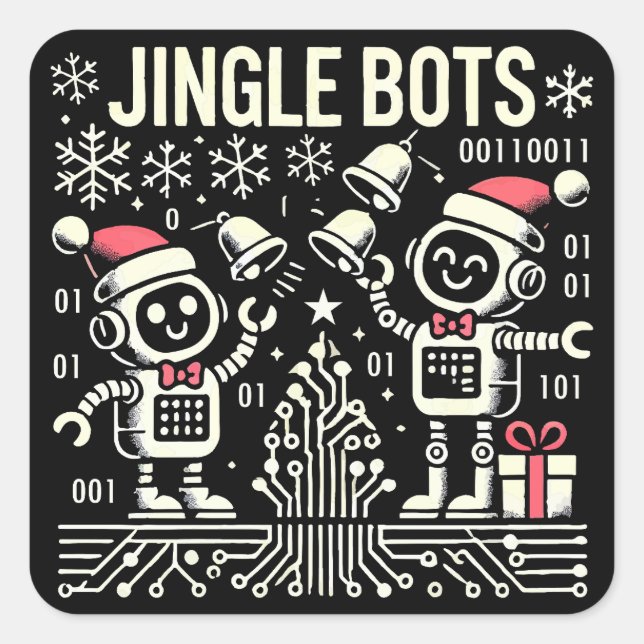 Jingle Bots Festive Holiday Robots with Santa Hats Square Sticker (Front)