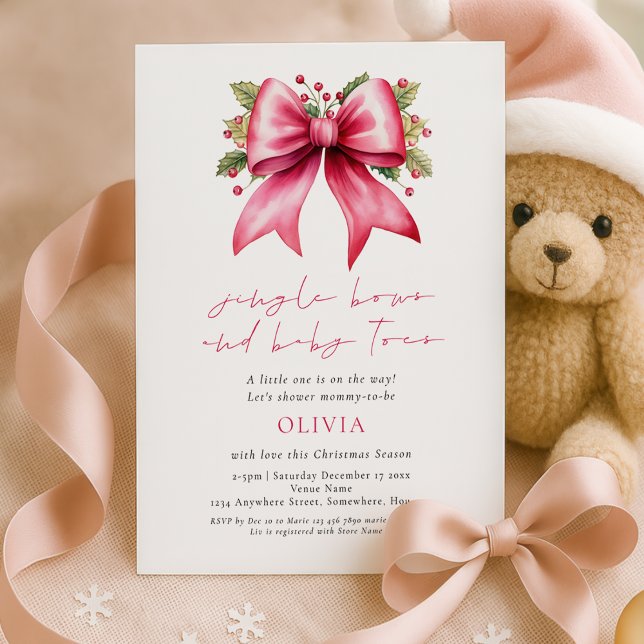Jingle Bows Baby Toes Pink Bow Festive Baby Shower Invitation (Creator Uploaded)