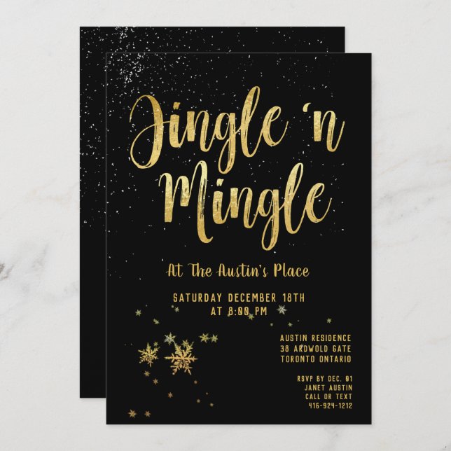 Jingle Mingle Black Gold Calligraphy Holiday Party Invitation (Front/Back)