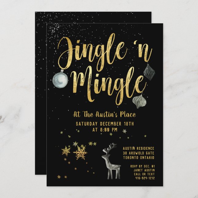 Jingle Mingle Black Gold Calligraphy Holiday Party Invitation (Front/Back)